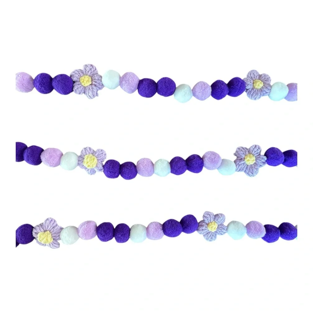 10 ft Valentine's Day Purple Light Purple Floral Pom Pom Garland Handmade Wire